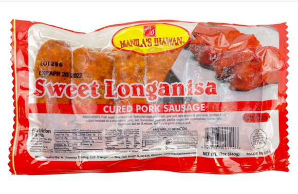 Manila's Sweet Pork Longanisa Cured Pork Sausage 12 Oz (Frozen)