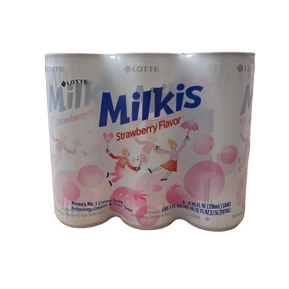 Lotte Milkis Strawberry Carbonated Drink 8.45 fl oz (250 ml) Pack of 6